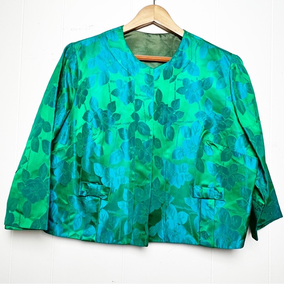 Vintage Floral Damask Green Blue 3/4 Sleeve Cropped Jacket Women’s Size XL - Picture 2 of 12